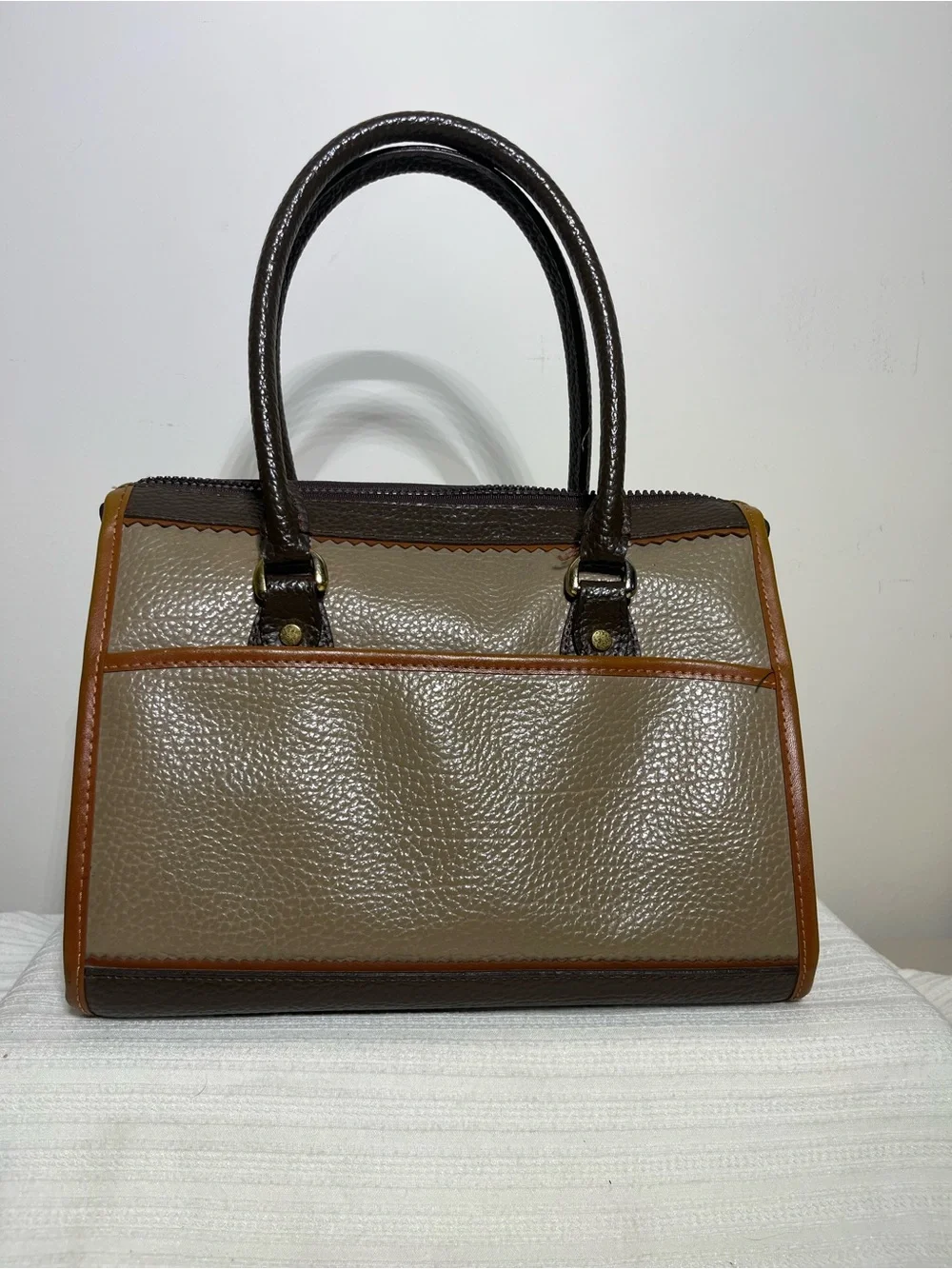 Taupe Satchel with Brown Handles and Tan Trim